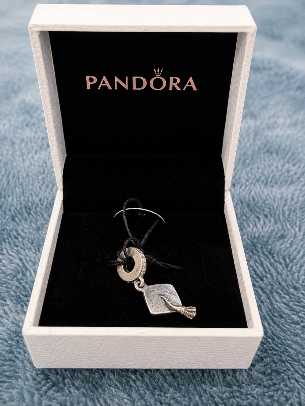 Pandora Silver Graduation Cap Charm Pendant with Black Cord